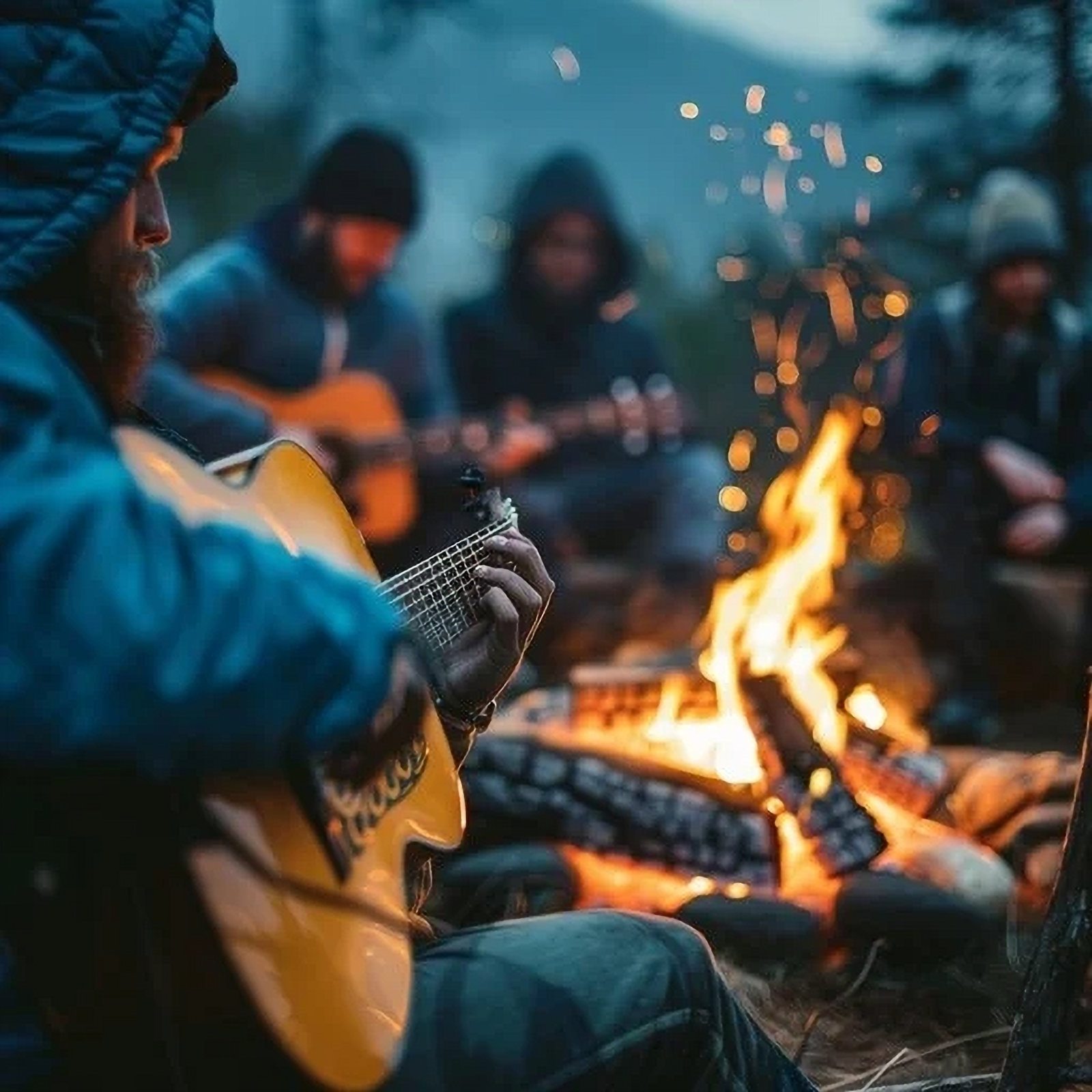 Acoustic guitar by the campfire